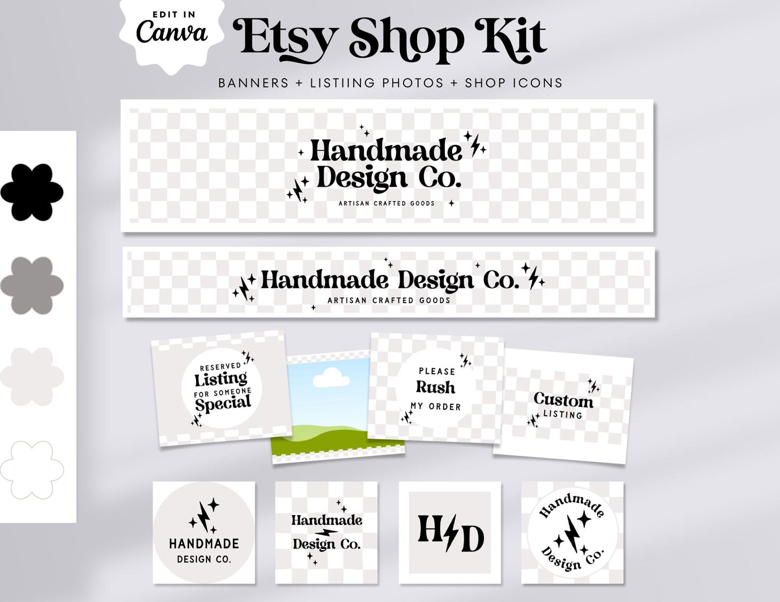 Editable Modern Retro Etsy Shop Template Kit Canva, Black and White ...
