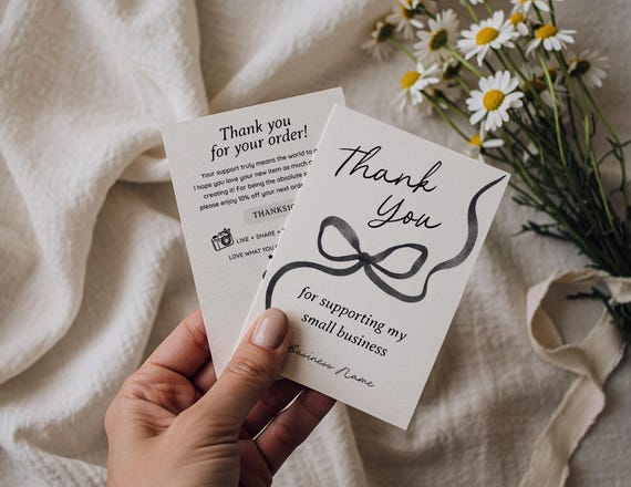 Elegant Black & White Thank You Card Canva Template – Editable Small Business Packaging Insert | Coquette Bow Order Insert Card WB22