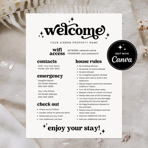 Modello di cartello di benvenuto retrò Airbnb Canva, foglio di regole modificabile per affitti a breve termine, foglio informativo Airbnb, cartello informativo di benvenuto Vrbo Chloe