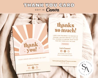 Sunshine Thank You Card Canva Template, Retro Sun Small Business Editable Purchase Insert Card, Printable Thank You Card Design, Shelby