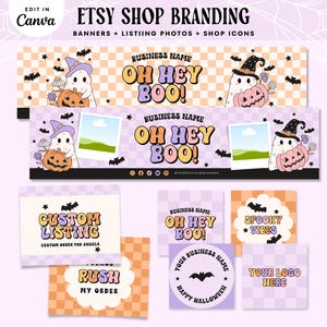 May include: A collection of Etsy shop branding templates with a Halloween theme. The designs include banners, listing photos, and shop icons. The templates feature ghosts, pumpkins, bats, and the text "OH HEY BOO!" and "SPOOKY VIBES".
