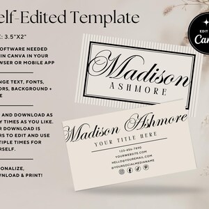 May include: Two business card templates with the text "Madison Ashmore" in elegant script. The cards are beige with black text and a striped background on one. The template size is 3.5"x2". The text says "Edit with Canva".