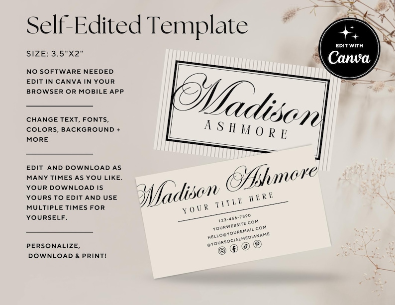 May include: Two business card templates with the text "Madison Ashmore" in elegant script. The cards are beige with black text and a striped background on one. The template size is 3.5"x2". The text says "Edit with Canva".