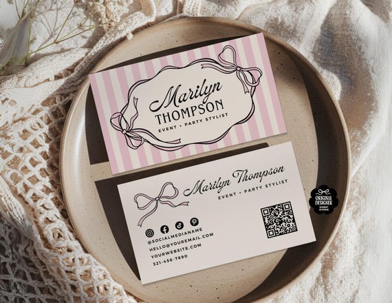 Luxury Business Card Template Canva QR Code, Coquette Aesthetic Business Business Card, Preppy Pink Stripe Editable Calling Card MAR1