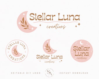 DIY Retro Groovy MOON Logo design Instant Download, Premade Modern Boho 70s Lunar Logo, Boutique Photography Celestial Logo Set - Stellar