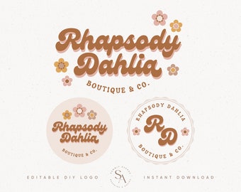 DIY Boho Groovy Flower Logo design Instant Download, Premade Modern Retro 70s Hippie Branding, Boutique or Photography Logo Set - Dahlia