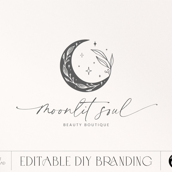 Botanical Moon Logo design Instant Download, Lunar Logo DIY Premade logo, Photography logo, Boutique Logo, Boho Celestial Editable Logo