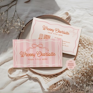 Modello per biglietto da visita con fiocco rosa, codice QR Canva, biglietto da visita estetico Coquette, biglietto da visita modificabile con elegante striscia rosa, Wren