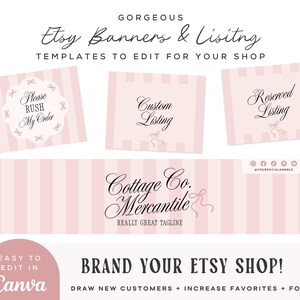 Puede incluir: Un conjunto de plantillas editables para banners y listados de tiendas Etsy con un patr&oacute;n de rayas verticales en rosa claro y blanco. Los dise&ntilde;os incluyen texto como Please RUSH My Order, Custom Listing, Reserved Listing y Cottage Co. Mercantile.