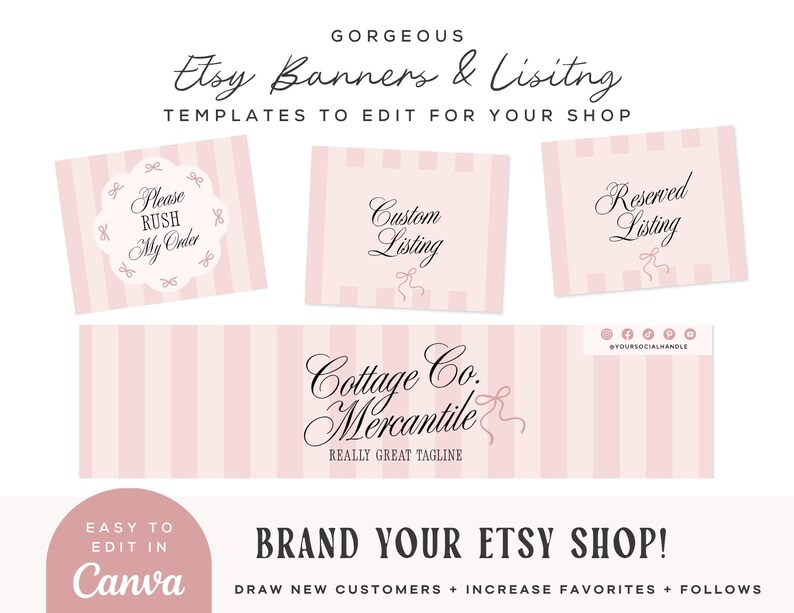 Puede incluir: Un conjunto de plantillas editables para banners y listados de tiendas Etsy con un patr&oacute;n de rayas verticales en rosa claro y blanco. Los dise&ntilde;os incluyen texto como Please RUSH My Order, Custom Listing, Reserved Listing y Cottage Co. Mercantile.