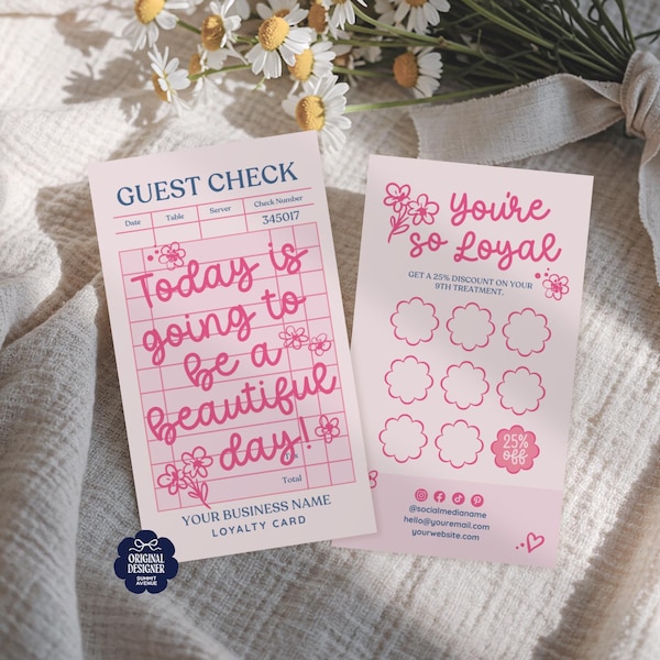 Editable Loyalty Card Template, Vintage Guest Check Customer Punch Card, Printable Discount Card, Rewards Card Design, Customer Stamp Card