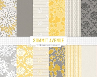 Photography / Personal Use digital scrapbook paper pack - 13 mustard & grey designs - Instant download