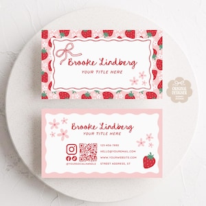 Kokette Visitenkarte Vorlage Canva QR-Code, trendiges Erdbeer-Business-Branding, wunderliche rosa feminine bearbeitbare Visitenkartenvorlage