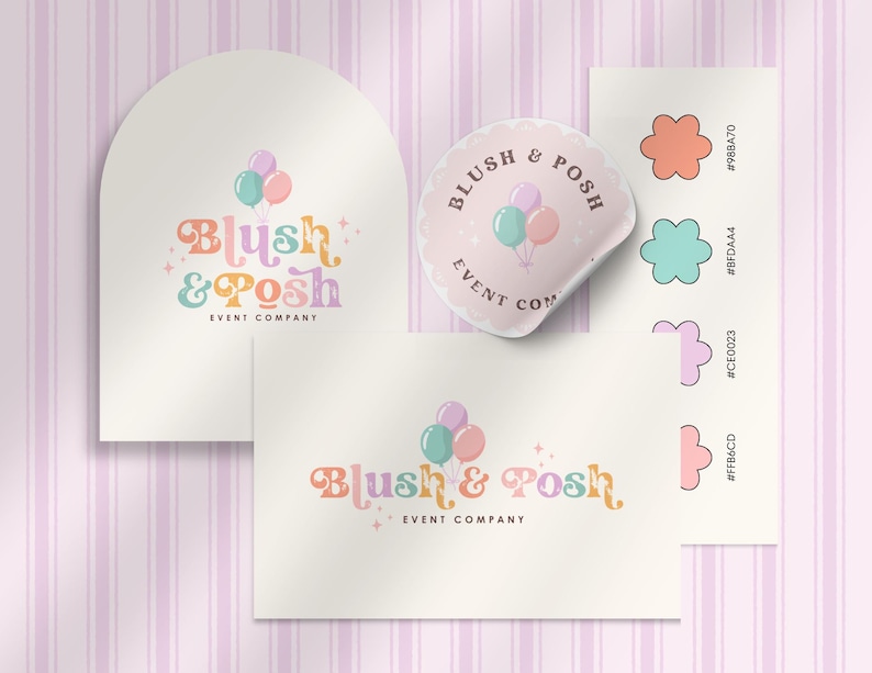 Pastel Balloon Logo Canva Template | Event Planner Logo Kit | Editable DIY Retro Party Business Logo | Feminine Small Business Branding Posh image 5