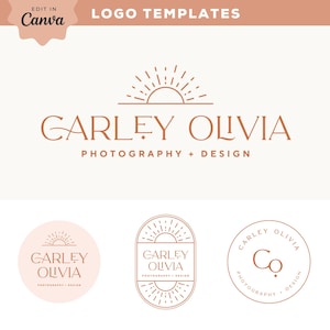 May include: Three logo designs for a photography and design business called "Carley Olivia". The logos feature a stylised sun with rays, the business name, and the words "Photography + Design".