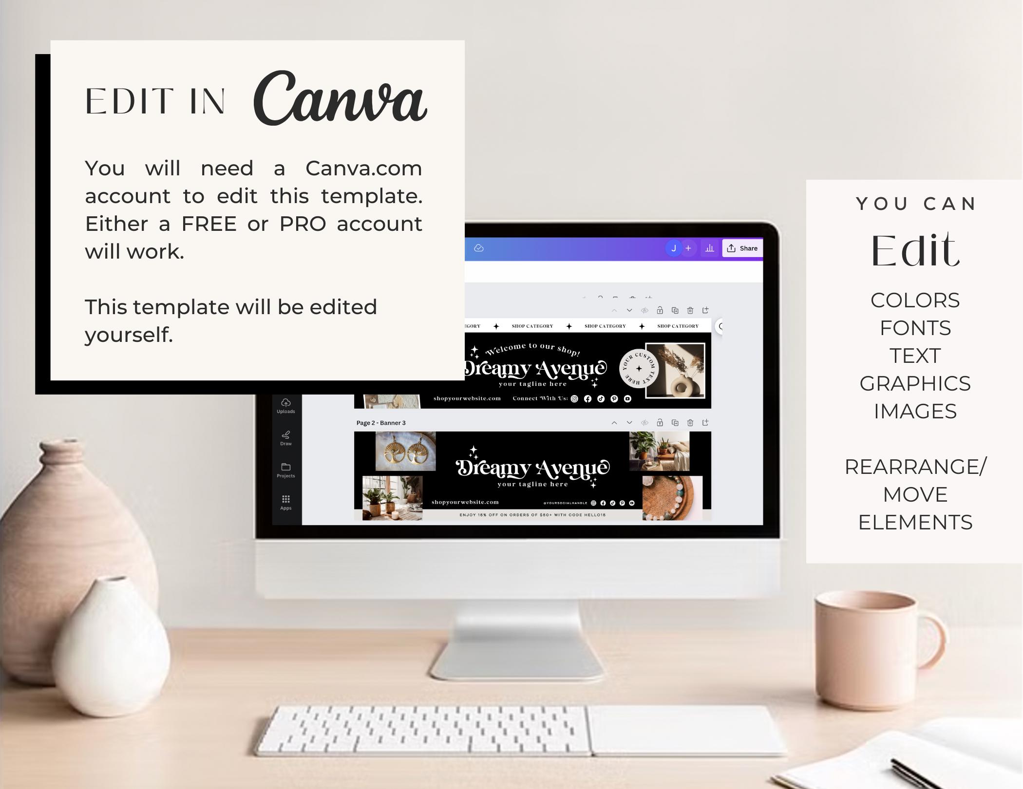 Editable Retro Etsy Shop Template Kit Canva, Modern Black and White ...