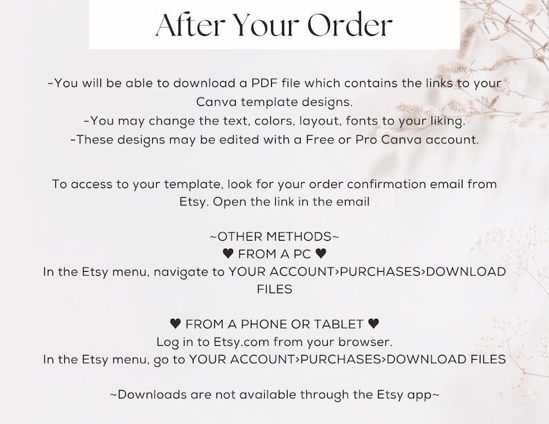 Puede incluir: Un gr&aacute;fico informativo titulado After Your Order con instrucciones para acceder a plantillas de Canva. Explica c&oacute;mo descargar un PDF, editar con una cuenta de Canva y navegar por los men&uacute;s de Etsy para encontrar los archivos comprados.