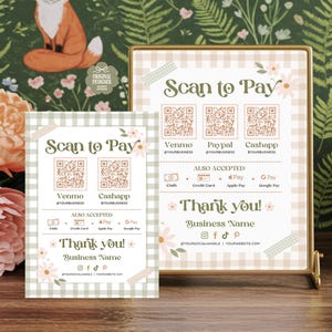 Könnte beinhalten: Ein druckbares Schild mit einem rosa-grünen Gingham-Muster. Das Schild sagt "Scan to Pay" und enthält QR-Codes für Venmo, Paypal und Cashapp. Es sagt auch "Danke!" und enthält den Text "Firmenname".