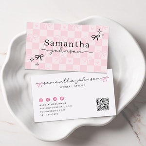 Trendy Coquette Editable Business Card Template QR Code, Instant Download Business Card Template, Bow Printable Business Card Template, Silk