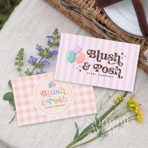 May include: Two rectangular business cards featuring the Blush & Posh Event Company logo. One card has a pink striped background with brown text and balloons, while the other features a pink gingham pattern with a circular logo and colorful text.