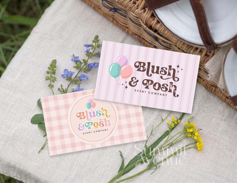 May include: Two rectangular business cards featuring the Blush & Posh Event Company logo. One card has a pink striped background with brown text and balloons, while the other features a pink gingham pattern with a circular logo and colorful text.