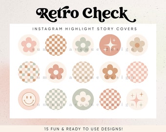 Retro Check Instagram Highlight Covers, Soft color Flower Story Covers Instagram Story Icons, Boho Checker Instagram Highlight Icons - Twine