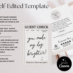 May include: A digital template for a guest check with the text "you made my day brighter!" in a handwritten font. The template includes editable text, fonts, and colors, and is designed to be edited in Canva.