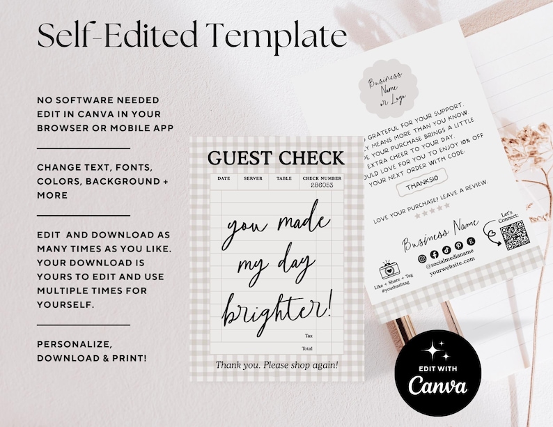 May include: A digital template for a guest check with the text "you made my day brighter!" in a handwritten font. The template includes editable text, fonts, and colors, and is designed to be edited in Canva.