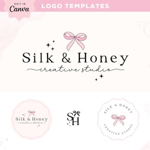 Coquette Aesthetic Logo Design Template, Blush Pink Bow Ribbons Sparkles - Monogram Logo - Trendy Vintage Logo Branding Canva Template, Silk