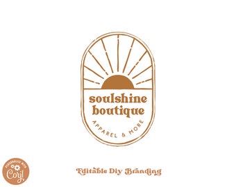 Hand Drawn Retro 70s Sun Logo design Instant Download, Boho Sunshine Logo DIY Premade logo, Editable Sunset Logo Small Business Branding