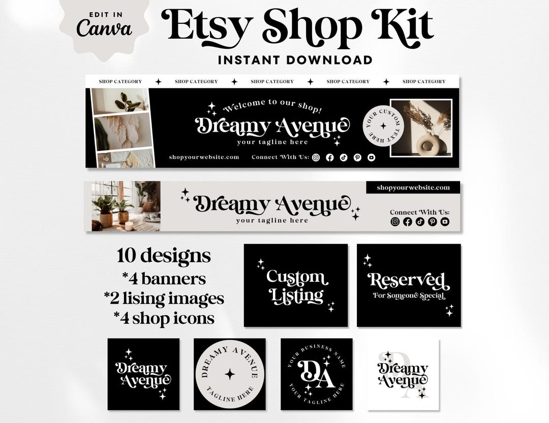 Editable Retro Etsy Shop Template Kit Canva, Modern Black and White