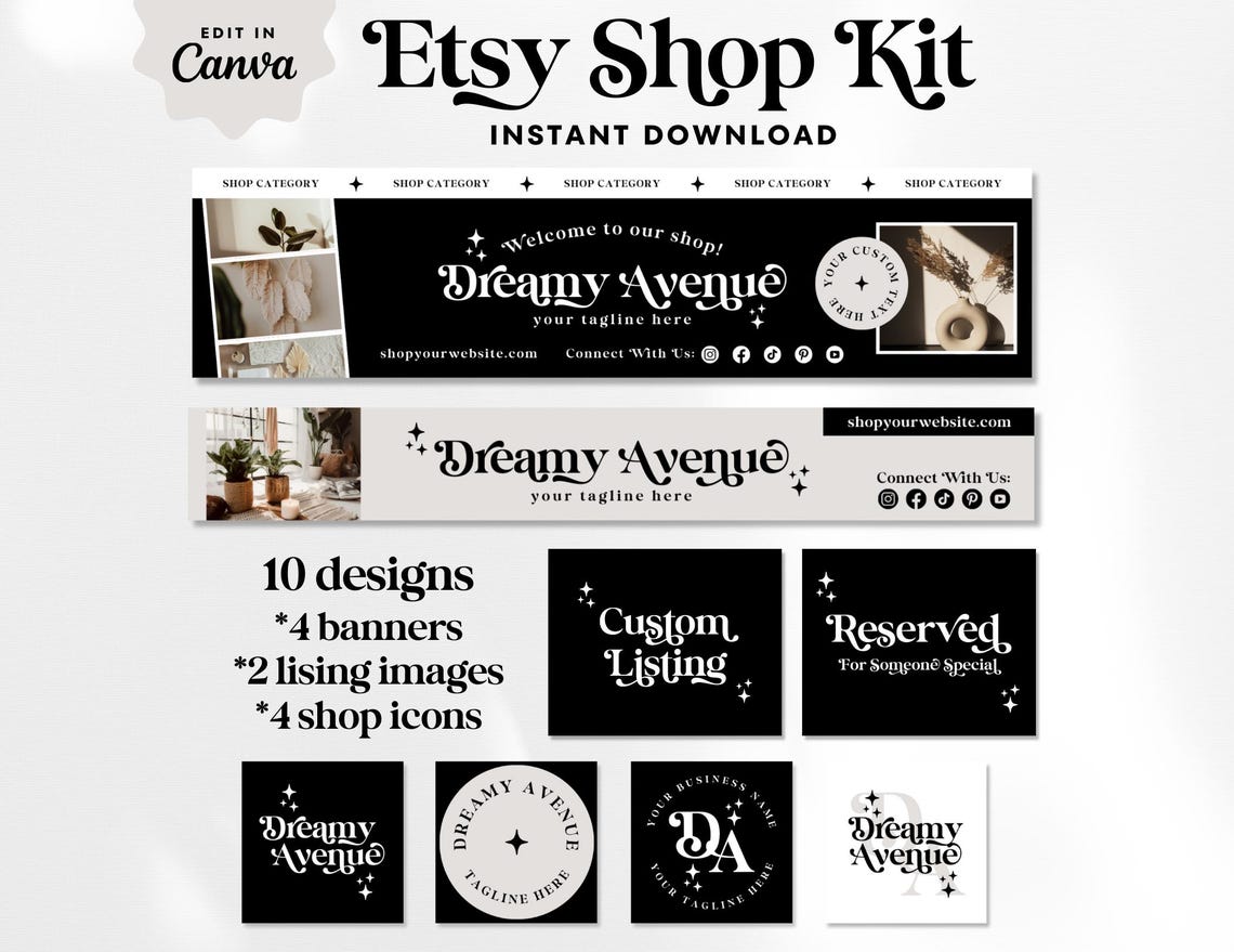 Editable Retro Etsy Shop Template Kit Canva, Modern Black and White ...