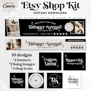 Editable Retro Etsy Shop Template Kit Canva, Modern Black and White Etsy Shop Banners, Etsy Seller Template, DIY Etsy Store Branding, Avenue