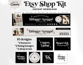 Editable Retro Etsy Shop Template Kit Canva, Modern Black and White Etsy Shop Banners, Etsy Seller Template, DIY Etsy Store Branding, Avenue