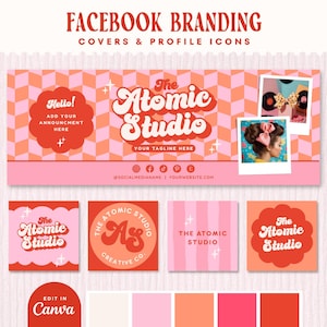 May include: A Facebook branding kit with a retro design. The kit includes a cover photo, profile icons, and a color palette. The cover photo features the text "The Atomic Studio" in a groovy font, with a pink and orange checkered background.