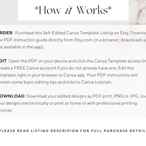 May include: A white background with text that reads "*How it Works*". The text explains the steps to purchase, edit, and download a Canva template. The text also says to read the listing description for full purchase details.
