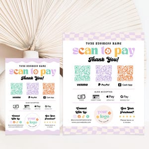 Edytowalny Retro Skan do Płatności QR Znak, DIY Tęczowy Drukowany Znak Płatności, Akceptowane Płatności Znak, Biznesowy QR Znak Canva Szablon, Soulkind