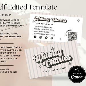 May include: Business card template with the text "Whitney Charles" in a retro font. The card is 5.08 cm x 8.89 cm and includes editable fields for title, business name, email, website, and social media handles. The design is customizable in Canva.