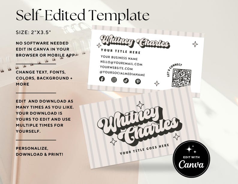 May include: Business card template with the text "Whitney Charles" in a retro font. The card is 5.08 cm x 8.89 cm and includes editable fields for title, business name, email, website, and social media handles. The design is customizable in Canva.