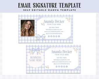 Blue Coquette Bow Email Signature Template Canva, Girly Floral Small Business Email Branding Design, Cottagecore Gingham Marketing, Wila