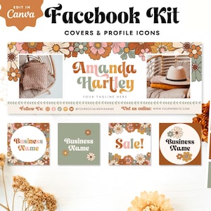 Könnte beinhalten: Ein Facebook-Kit-Design mit Retro-Blumenmuster. Das Design umfasst ein Banner mit dem Text "Amanda Hartley" und Profilsymbole. Die Farbpalette zeigt warme Töne von Orange, Braun und Rosa. Das Kit ist in Canva editierbar.
