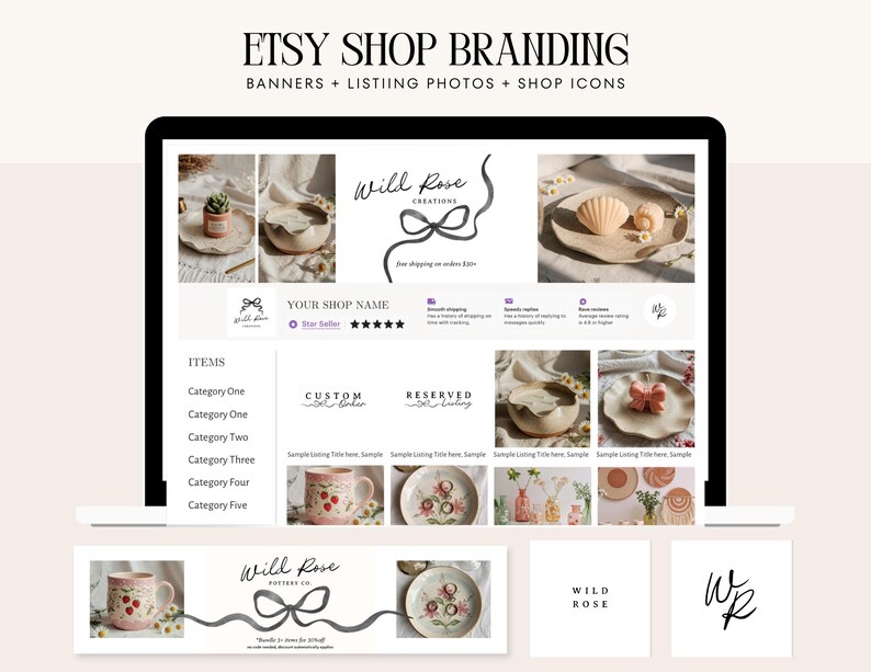 Editable Bow Etsy Shop Template Kit Canva, Minimalist Black and White ...