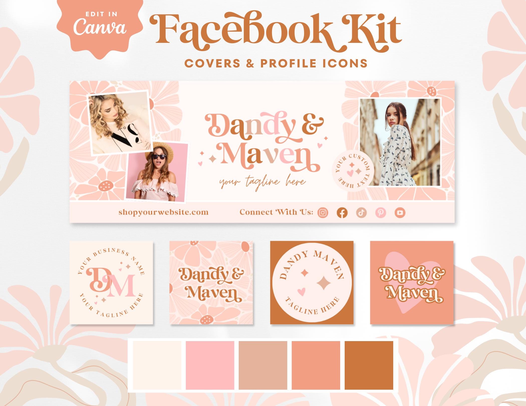Kit retro editable para Facebook, banners de arcoíris para páginas de Facebook, marca de Facebook bohemia rosa para hacer tú mismo, plantilla moderna de Canva para portada de Facebook, Dandy