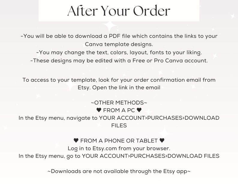 May include: Instructions on how to download and access Canva templates purchased on Etsy. The text explains that a PDF file with links to the templates will be sent to the buyer's email address. The buyer can then access the templates through their Etsy account or by logging in to Etsy.com from their phone or tablet.
