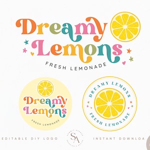 Editable Bright Boho Lemon design Instant Download, DIY Retro colorful sparkle Heart stars Brand, Boutique Blog Photography Logo Set - Twine