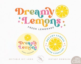 Editable Bright Boho Lemon design Instant Download, DIY Retro colorful sparkle Heart stars Brand, Boutique Blog Photography Logo Set - Twine