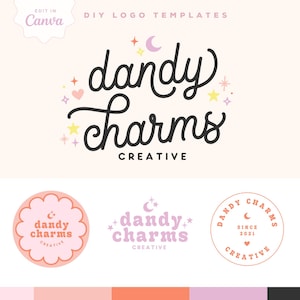 Celestial Logo Design Template Canva, Moon Stars Editable Logo Design, Retro Logo Design Canva, Rainbow Logo for Small Business, Charms