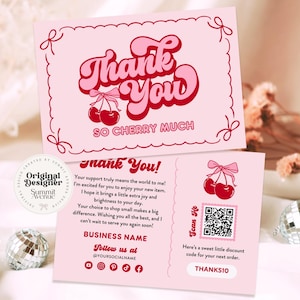 Tarjeta de agradecimiento de Coquette Card, paquete comercial de agradecimiento al cliente editable, plantilla de Canva con código QR de inserción de agradecimiento de cereza retro DIY, Cheri