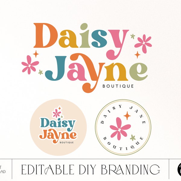Editable Bright Retro Floral Daisy Logo design Instant Download, DIY Premade Colorful flower Boho Hippie Logo Boutique blogger Brand - Twine