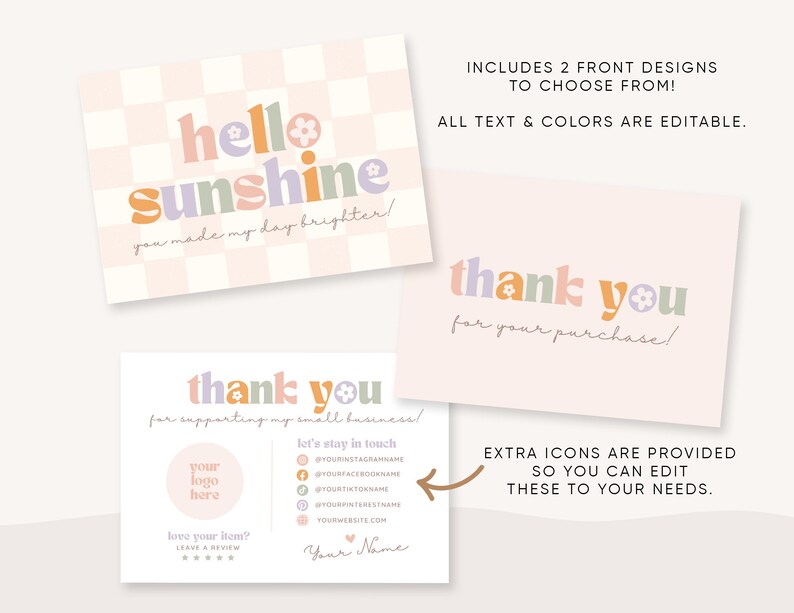 Retro Rainbow Thank You Card Canva Template, Colorful Boho Small ...